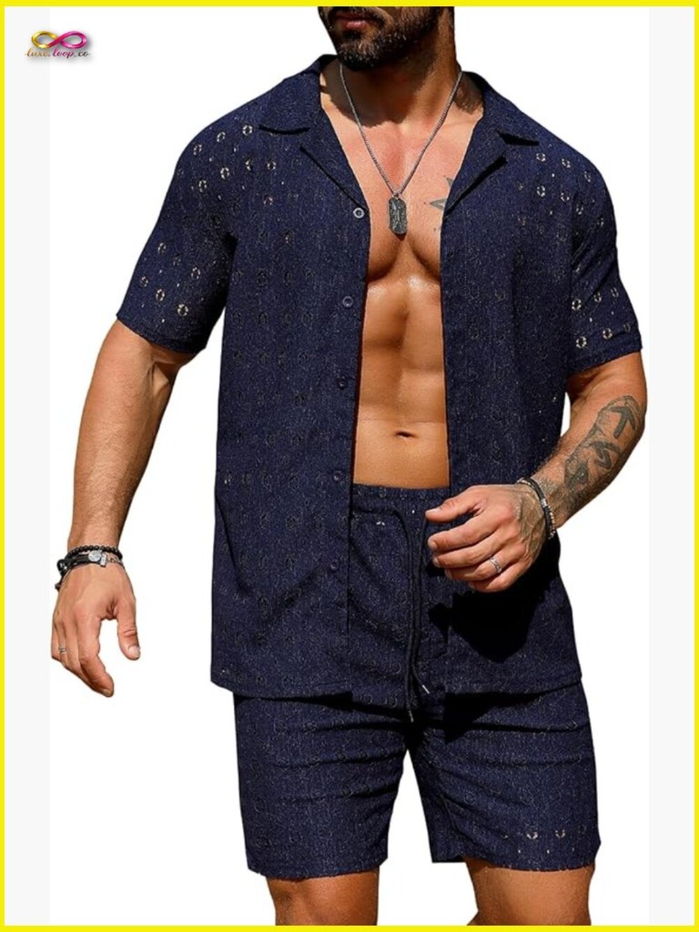 Mens 2 Piece Summer Lace Short Set Sheer See Through Beach Vacation Outfit